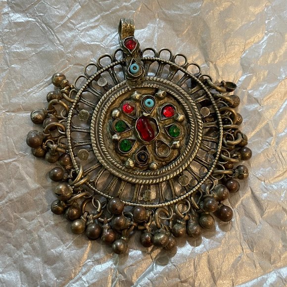 Rare vintage Afghani large necklace pendant with beads +glass stone - Picture 1 of 8